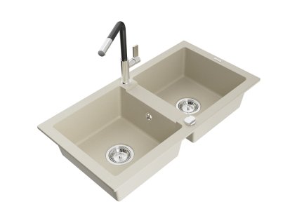 Granitový drez Mexen Mario s 2 misami a kuchynskou batériou Flora, béžová - 6504-69-670401-07