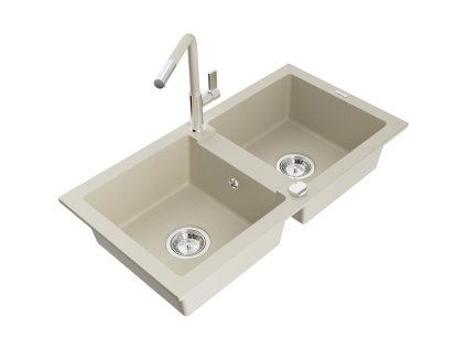 Granitový drez Mexen Mario s 2 miskami a kuchynskou batériou Flora, béžová - 6504-69-670401-09
