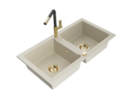 Granitový drez Mexen Mario s 2 misami a kuchynskou batériou Flora, béžová - 6504-69-670401-57-G