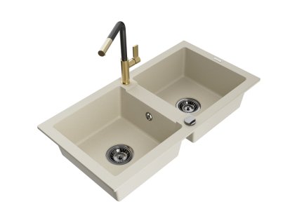 Granitový drez Mexen Mario s 2 miskami a kuchynskou batériou Flora, béžový - 6504-69-670401-57-B