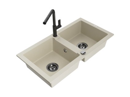 Granitový drez Mexen Mario s 2 miskami a kuchynskou batériou Flora, béžový - 6504-69-670401-70-B