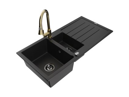 Granitový drez Mexen Andres s 1,5 misy, odkapávačom a kuchynskou batériou Elia, čierny - 6515-77-670101-50-B