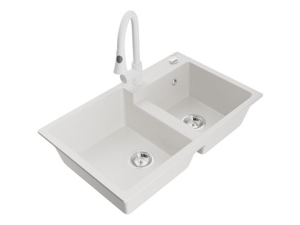 Mexen Tomas 2-komorový granitový drez s kuchynskou batériou Elia, biely - 6516-20-670101-20