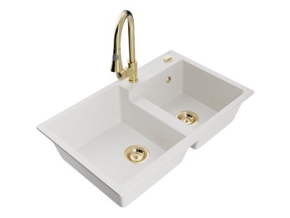 Mexen Tomas 2-komorový granitový drez s kuchynskou batériou Elia, biely - 6516-20-670101-50