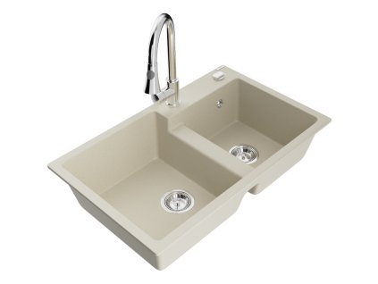Mexen Tomas 2-komorový granitový drez s kuchynskou batériou Elia, béžová - 6516-69-670101-00