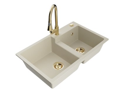 Mexen Tomas 2-komorový granitový drez s kuchynskou batériou Elia, béžová - 6516-69-670101-50