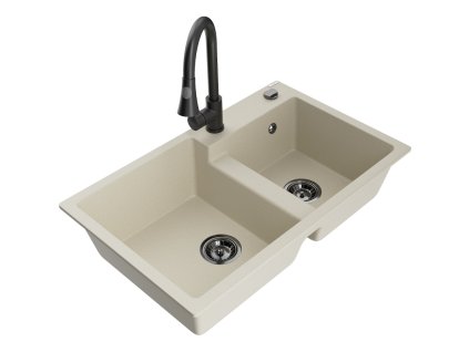 Mexen Tomas 2-komorový granitový drez s kuchynskou batériou Elia, béžová - 6516-69-670101-70