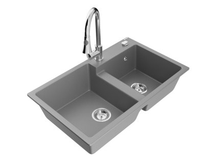 Granitový drez Mexen Tomas s 2 misami a kuchynskou batériou Elia, sivý - 6516-71-670101-00