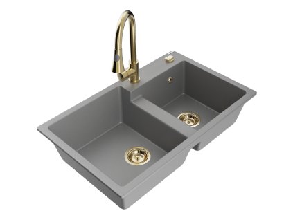 Granitový drez Mexen Tomas s 2 misami a kuchynskou batériou Elia, sivý - 6516-71-670101-50