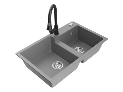 Granitový drez Mexen Tomas s 2 misami a kuchynskou batériou Elia, sivý - 6516-71-670101-70