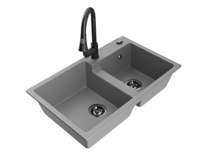 Granitový drez Mexen Tomas s 2 misami a kuchynskou batériou Elia, sivý - 6516-71-670101-70-B