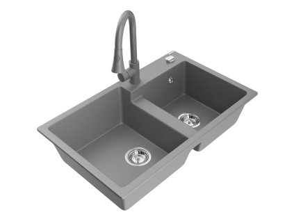 Granitový drez Mexen Tomas s 2 miskami a kuchynskou batériou Elia, sivý - 6516-71-670101-71