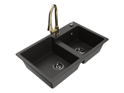 Granitový drez Mexen Tomas s 2 misami a kuchynskou batériou Elia, čierna/zlatá metalíza - 6516-75-670101-50-B
