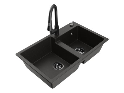 Granitový drez Mexen Tomas s 2 misami a kuchynskou batériou Elia, čierna/zlatá metalíza - 6516-75-670101-70-B