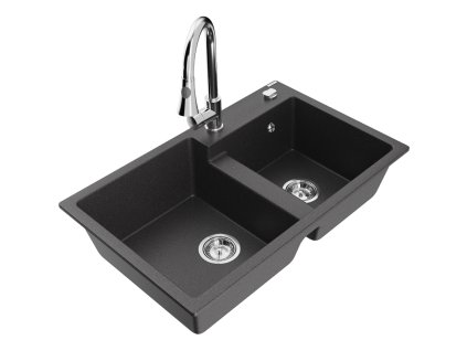 Mexen Tomas 2-komorový granitový drez s kuchynskou batériou Elia, čierna škvrnitá - 6516-76-670101-00