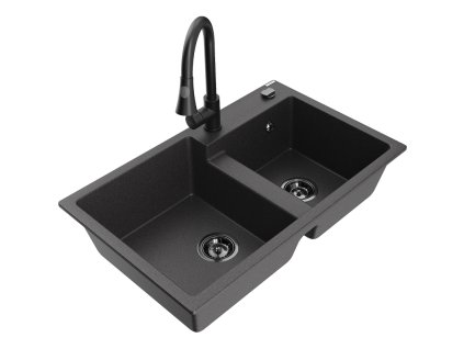 Mexen Tomas 2-komorový granitový drez s kuchynskou batériou Elia, čierna škvrnitá - 6516-76-670101-70-B