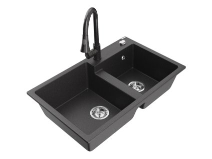 Mexen Tomas 2-komorový granitový drez s kuchynskou batériou Elia, čierna škvrnitá - 6516-76-670101-76