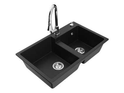 Granitový drez Mexen Tomas s 2 misami a kuchynskou batériou Elia, čierny - 6516-77-670101-00