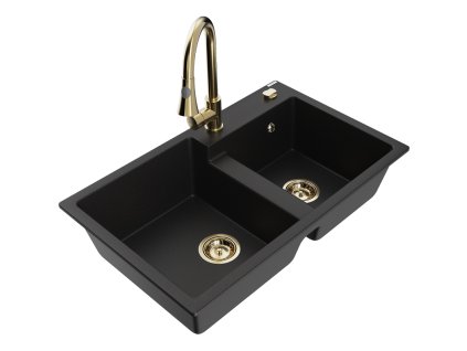 Granitový drez Mexen Tomas s 2 misami a kuchynskou batériou Elia, čierny - 6516-77-670101-50