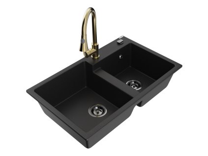 Granitový drez Mexen Tomas s 2 misami a kuchynskou batériou Elia, čierny - 6516-77-670101-50-B