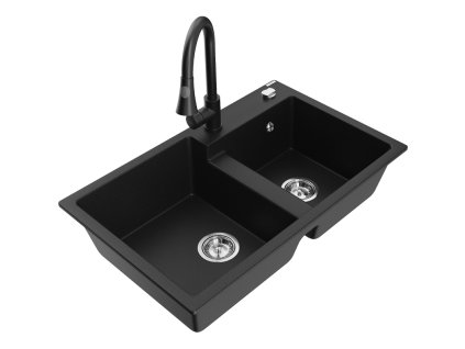Granitový drez Mexen Tomas s 2 misami a kuchynskou batériou Elia, čierny - 6516-77-670101-70