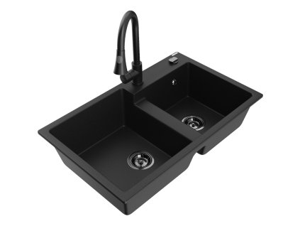 Granitový drez Mexen Tomas s 2 misami a kuchynskou batériou Elia, čierny - 6516-77-670101-70-B