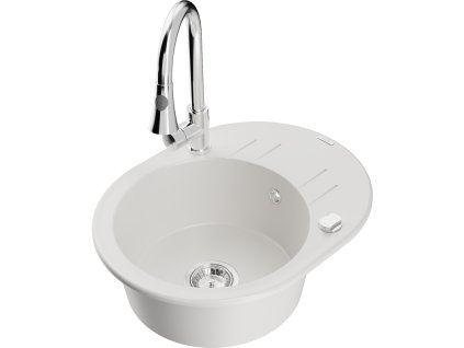 Granitový drez Mexen Kevin s 1 misou, odkapávačom a kuchynskou batériou Elia, biely - 6517-20-670101-00