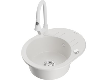 Granitový drez Mexen Kevin s 1 misou, odkapávačom a kuchynskou batériou Elia, biely - 6517-20-670101-20