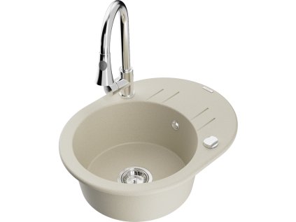 Granitový drez Mexen Kevin s 1 misou, odkapávačom a kuchynskou batériou Elia, béžový - 6517-69-670101-00