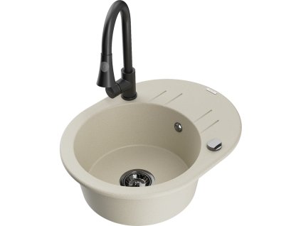 Granitový drez Mexen Kevin s 1 misou, odkapávačom a kuchynskou batériou Elia, béžový - 6517-69-670101-70