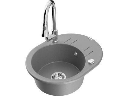 Granitový drez Mexen Kevin s 1 misou, odkapávačom a kuchynskou batériou Elia, sivý - 6517-71-670101-00