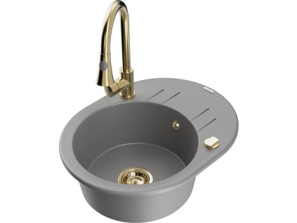 Granitový drez Mexen Kevin s 1 misou, odkapávačom a kuchynskou batériou Elia, sivý - 6517-71-670101-50