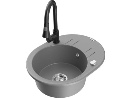 Granitový drez Mexen Kevin s 1 misou, odkapávačom a kuchynskou batériou Elia, sivý - 6517-71-670101-70