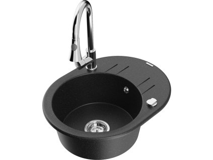 Granitový drez Mexen Kevin s 1 misou, odkapávačom a kuchynskou batériou Elia, čierna/strieborná metalíza - 6517-73-670101-00