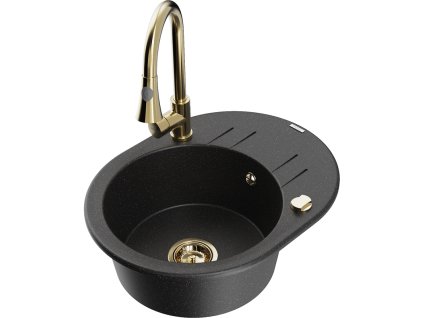 Granitový drez Mexen Kevin s 1 misou, odkapávačom a kuchynskou batériou Elia, čierna/strieborná metalíza - 6517-73-670101-50