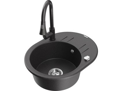 Granitový drez Mexen Kevin s 1 misou, odkapávačom a kuchynskou batériou Elia, čierna škvrnitá - 6517-76-670101-76