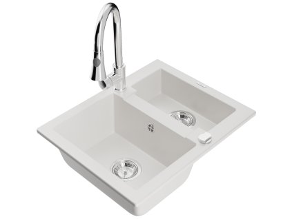 Granitový drez Mexen Carlos s 1,5 miskou a kuchynskou batériou Elia, biely - 6518-20-670101-00