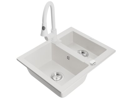 Granitový drez Mexen Carlos s 1,5 miskou a kuchynskou batériou Elia, biely - 6518-20-670101-20