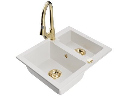 Granitový drez Mexen Carlos s 1,5 miskou a kuchynskou batériou Elia, biely - 6518-20-670101-50