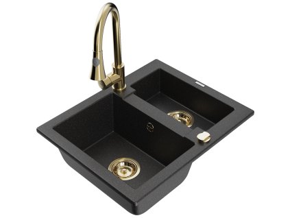 Granitový drez Mexen Carlos s 1,5 miskou a kuchynskou batériou Elia, čierna/strieborná metalíza - 6518-73-670101-50