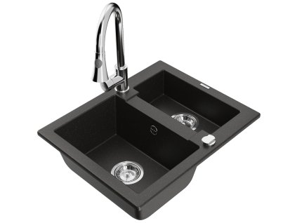 Granitový drez Mexen Carlos s 1,5 miskou a kuchynskou batériou Elia, čierna/zlatá metalíza - 6518-75-670101-00