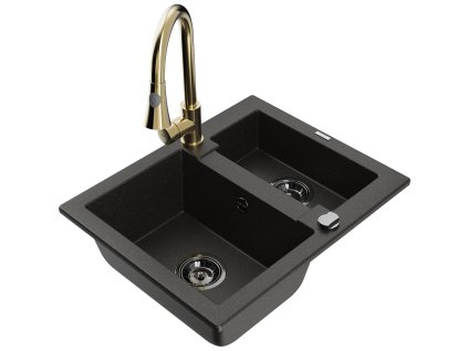 Granitový drez Mexen Carlos s 1,5 miskou a kuchynskou batériou Elia, čierna/zlatá metalíza - 6518-75-670101-50-B