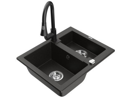 Granitový drez Mexen Carlos s 1,5 miskou a kuchynskou batériou Elia, čierna/zlatá metalíza - 6518-75-670101-70