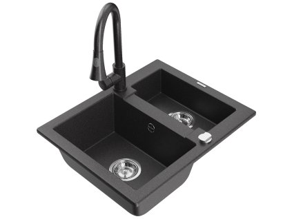 Granitový drez Mexen Carlos s 1,5 misky a kuchynskou batériou Elia, čierna škvrnitá - 6518-76-670101-76