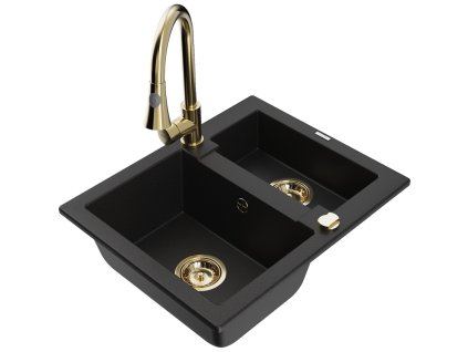 Granitový drez Mexen Carlos s 1,5 miskou a kuchynskou batériou Elia, čierny - 6518-77-670101-50