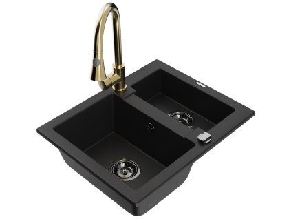 Granitový drez Mexen Carlos s 1,5 miskou a kuchynskou batériou Elia, čierny - 6518-77-670101-50-B