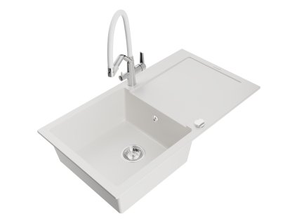 Granitový drez Mexen Leo s 1 misou, odkapávačom a kuchynskou batériou Duo, biely - 6501-20-671701-02