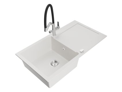 Granitový drez Mexen Leo s 1 misou, odkapávačom a kuchynskou batériou Duo, biely - 6501-20-671701-07