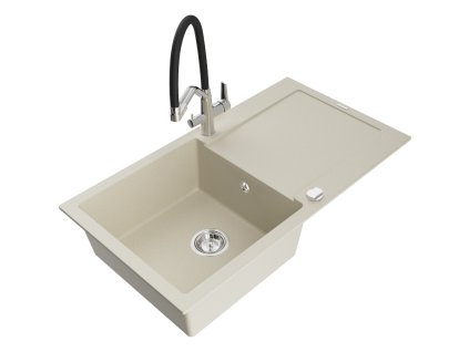 Granitový drez Mexen Leo s 1 misou, odkapávačom a kuchynskou batériou Duo, béžový - 6501-69-671701-07