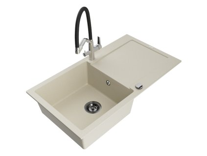 Granitový drez Mexen Leo s 1 misou, odkapávačom a kuchynskou batériou Duo, béžový - 6501-69-671701-07-B